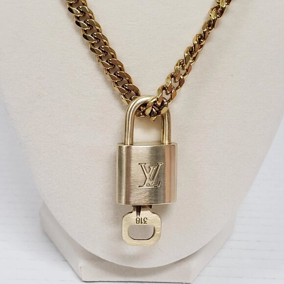 Auth Louis Vuitton Lock&Key Gold w/Unbranded Cuban Style Stainless Double Chain - Picture 6 of 14
